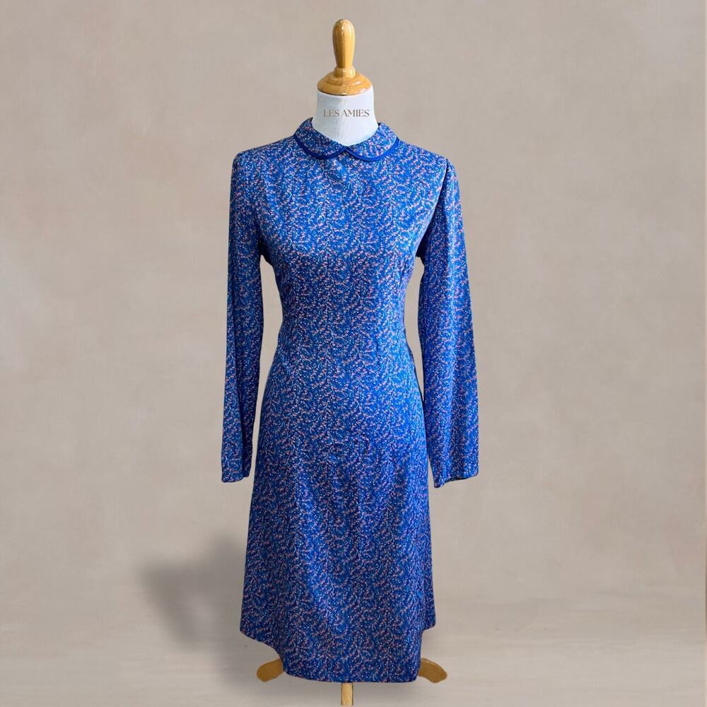 Vintage 70s Handmade Blue Floral Peter‎ Pan Collar Prairie Cottagecore Dress 10